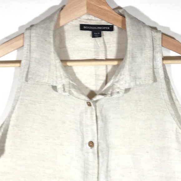 Boston Proper Women's Medium Beige Linen Blend Sleeveless Button Up Shirt - Picture 2 of 9